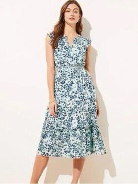 LOFT Blue Floral V-Neck Midi Dress Ruffle Sleeves Sz M